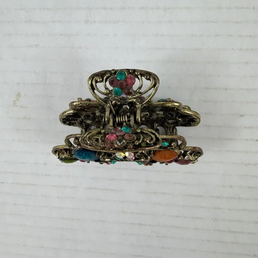 Vintage Gold Tone Metal Jeweled Rhinestones Hair Clip Claw